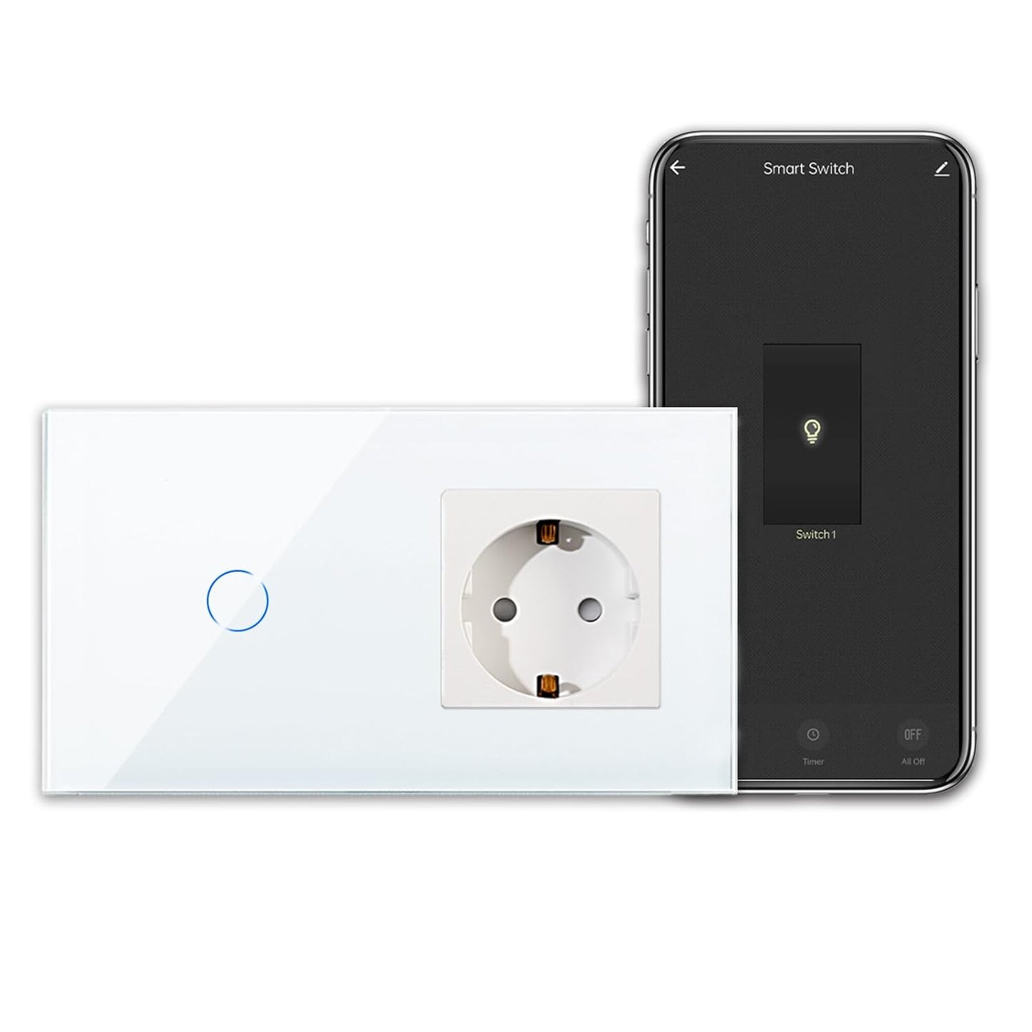 Interruttore Touch Intelligente Con Presa Schuko Da Incasso Con Cornice in Vetro, Interruttore Della Luce WLAN Da Lavoro Con Alexa, Google Assistant, Interruttore Da Parete Semplice in Bianco,