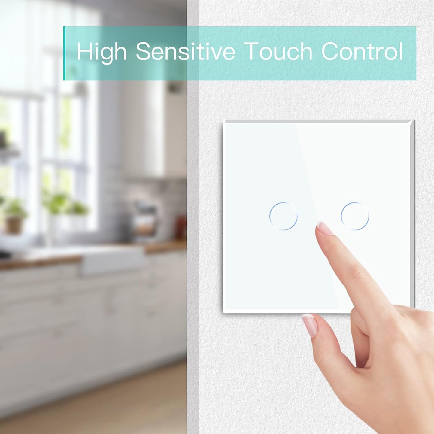 Interruttore Touch 2 Gang 1 Via,Bianco Interruttore Di Luce Con LED Display Light,Interruttore Touch Con Sensore Touch Pannello Vetro Cristallo-Nessun Filo Neutro