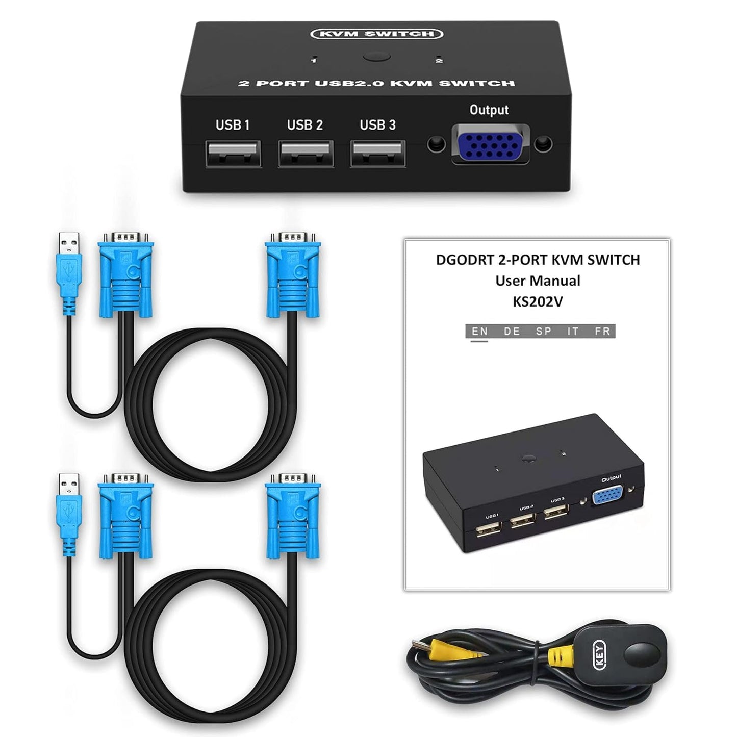 VGA KVM Switch, USB E VGA Commutatore Con Cavi KVM, 2 Computer Condividono Monitor Tastiera Mouse
