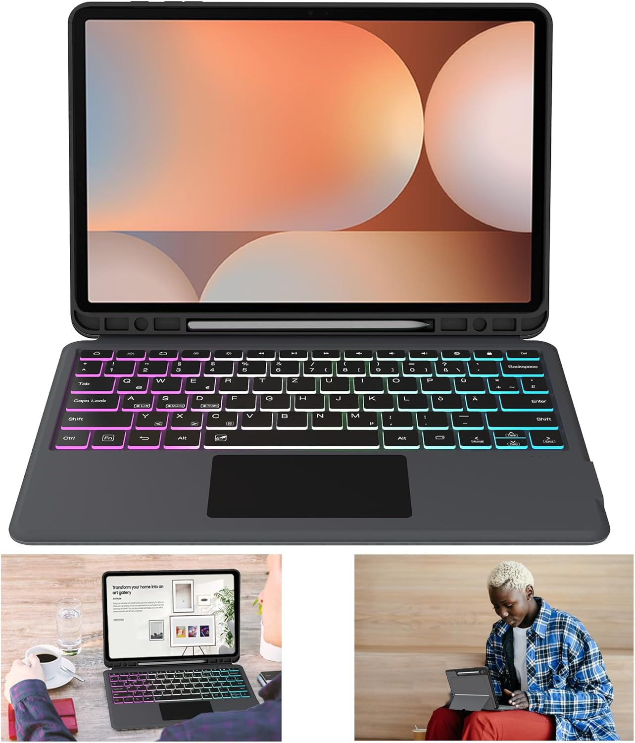 Custodia per Galaxy Tab S9 FE+/S9+/S10+ 12,4 Pollici Con Tastiera QWERTZ – Tastiera Rimovibile Con Touchpad & 7 Illuminazione Colorata – Custodia Tastiera per Samsung Galaxy Tab S10+ Plus/S9 FE