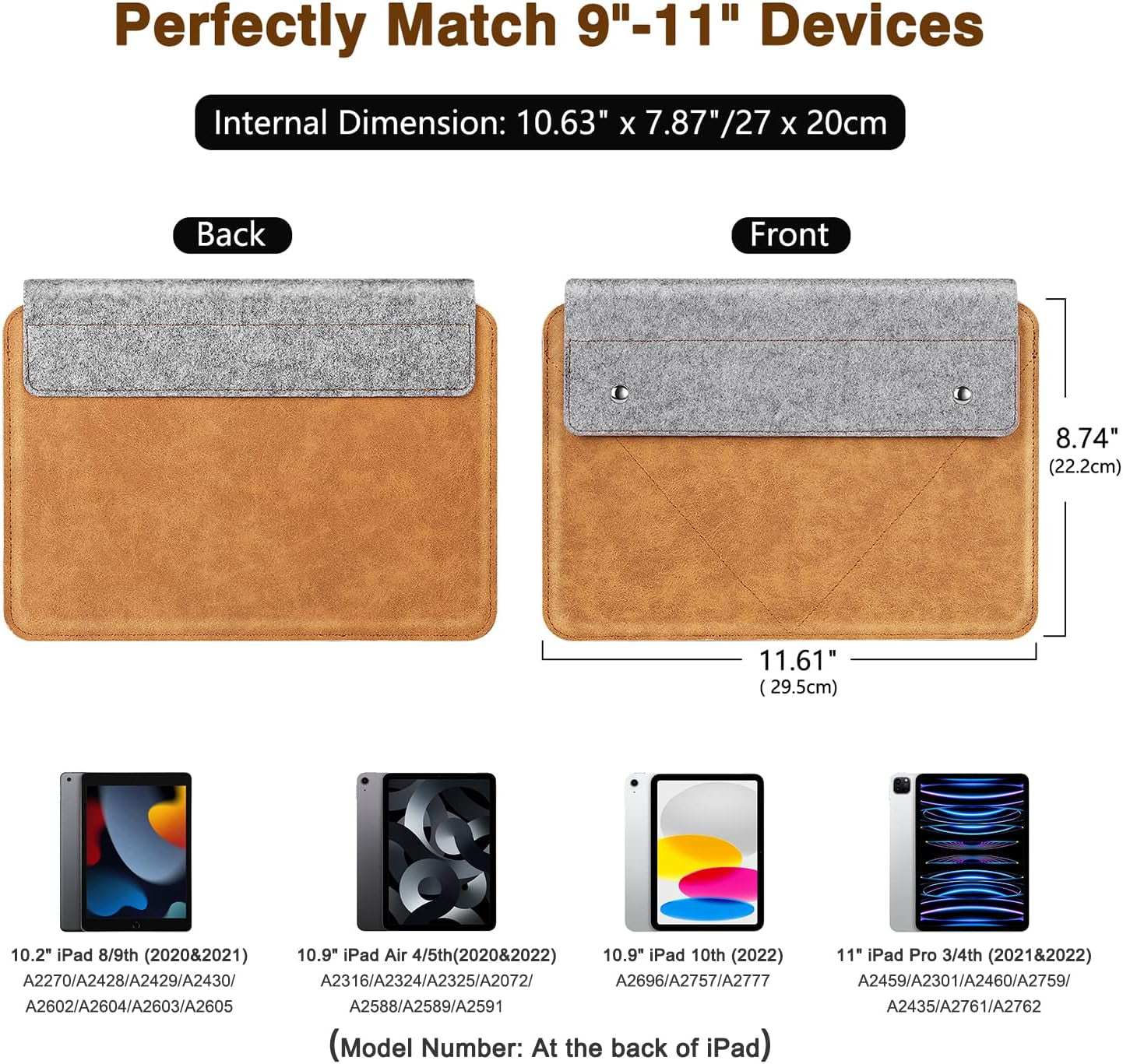 Custodia per Ipad Air 5/4 10.9, Galaxy Tab S8 11", Ipad 9A Gen 10.2", Surface Go 2 10.5" 2020, Ipad PRO 11 2021, Ipad PRO 10.5/9.7, Case in Feltro E Pelle PU, Durevole, Grigio & Marrone