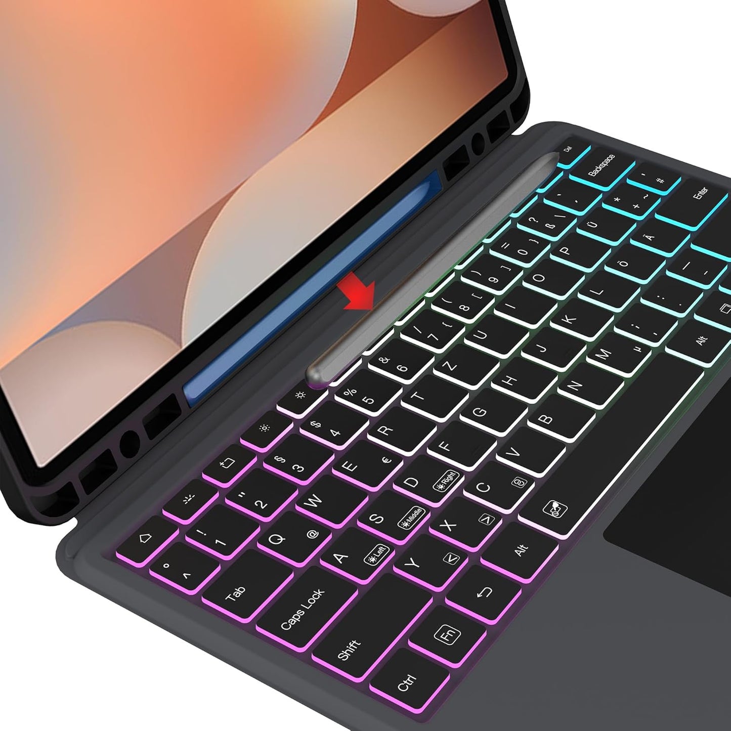 Custodia per Galaxy Tab S9 FE+/S9+/S10+ 12,4 Pollici Con Tastiera QWERTZ – Tastiera Rimovibile Con Touchpad & 7 Illuminazione Colorata – Custodia Tastiera per Samsung Galaxy Tab S10+ Plus/S9 FE