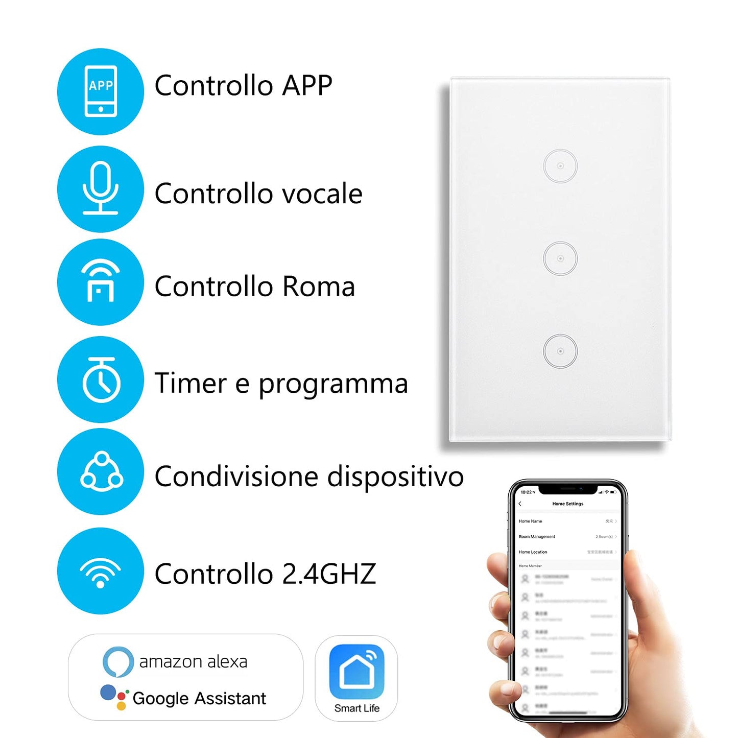Interruttore Della Luce Intelligente Wifi, Controllo Vocale Funziona Con Alexa E Google Home, Timer E Condivisione Dispositivo, È Necessario Il Filo Di Neutro, Bianco 3 Way(2Pcs)