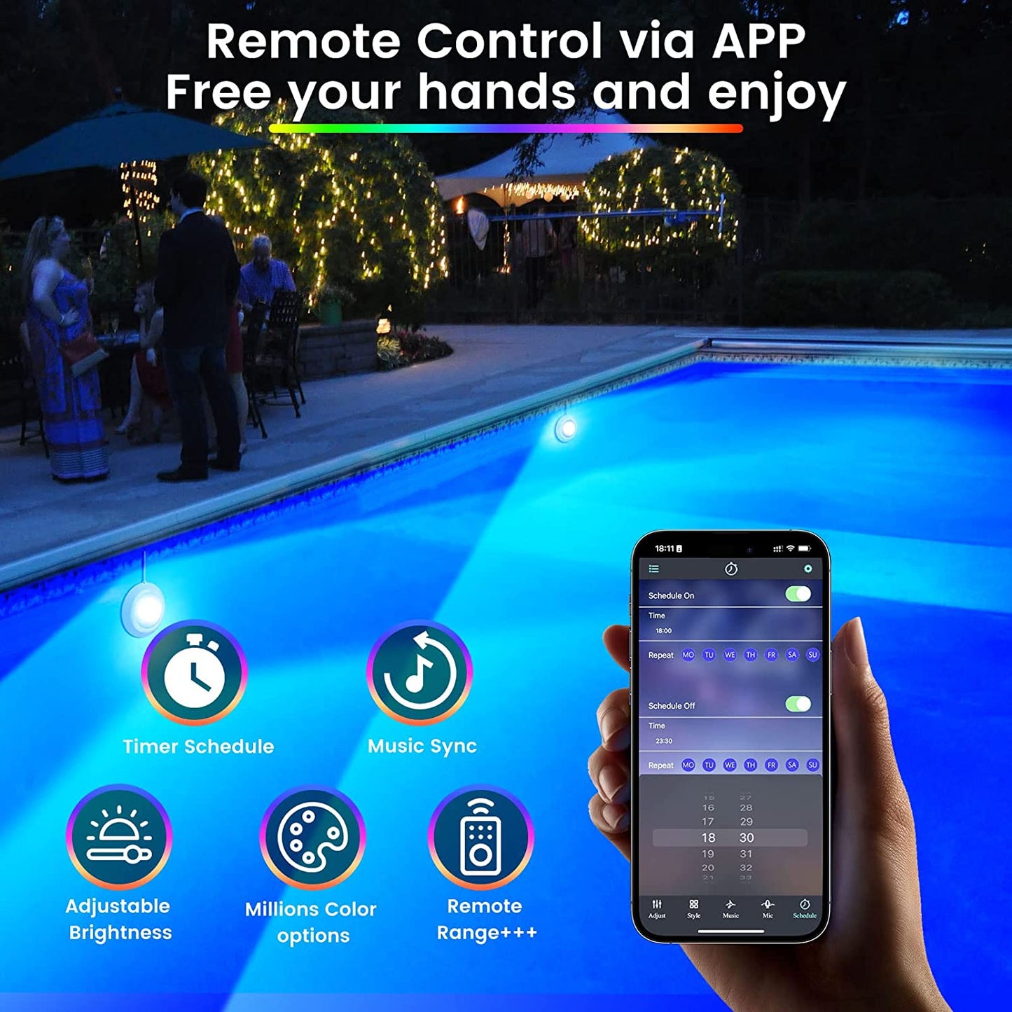 10 W - Illuminazione a LED Senza Fili, 12 V Luci per Piscina Sommergibile Con Controllo APP, Dimmerabile, IP68, Impermeabile, Lampada Magnetica Con 8 M Cavo per Piscina Fuori Terra
