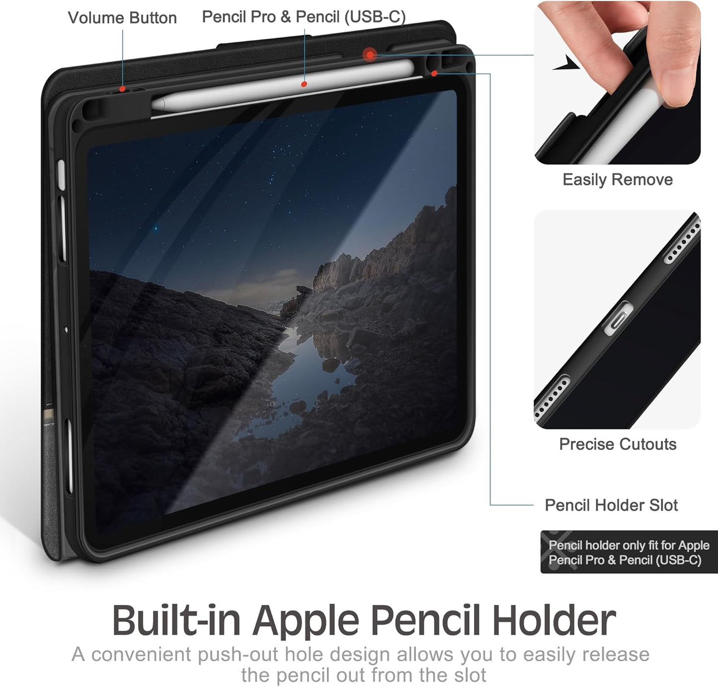 Custodia per Ipad Air 13" (2024, M2) Con Portamatite in Pelle Vegana Smart Stand Folio, Auto Wake/Sleep, Multi-Angolo per Visualizzare/Disegnare, Custodia Protettiva Con Chiusura Magnetica,