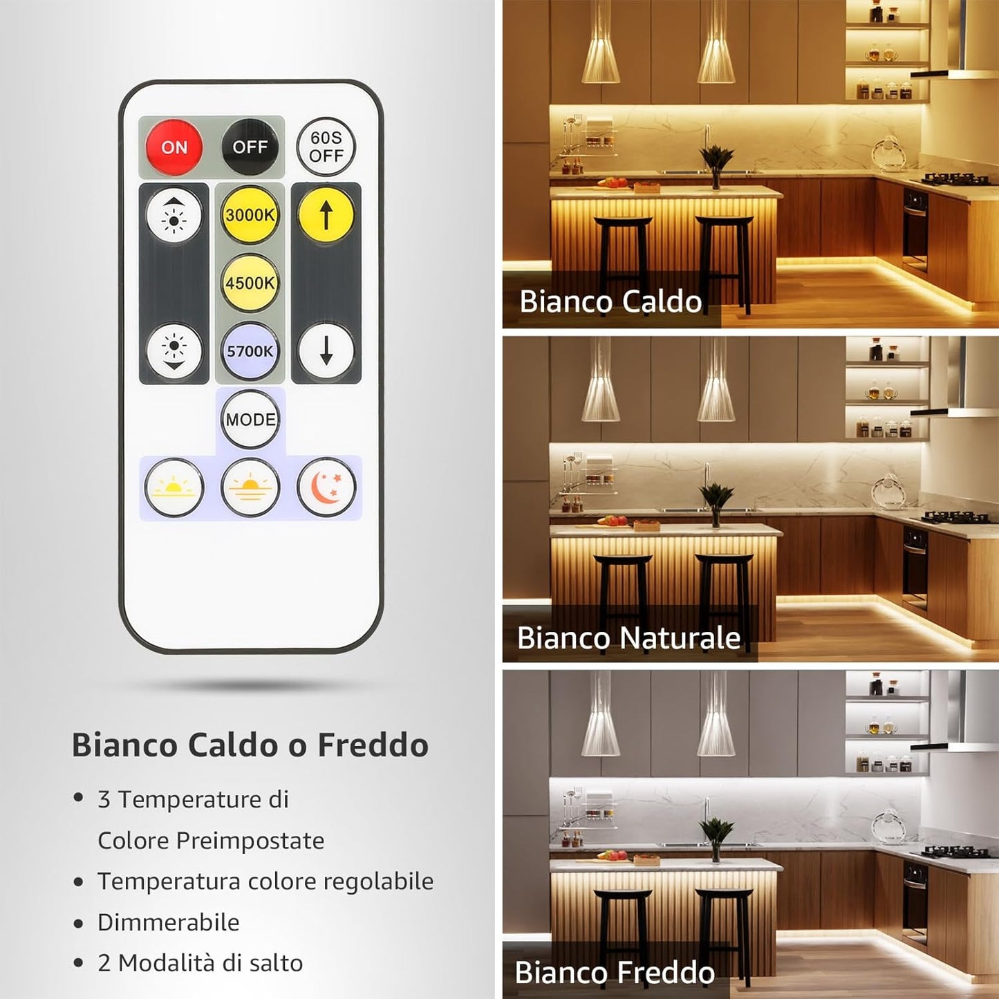 5M Striscia LED Dimmerabile, 3000K-6000K (Bianco Caldo a Freddo) Strisce LED Autoadesive, 3 Modalità, 300 LED SMD 2835, 12V Striscia Luminosa LED Flessibile per Decorazione Interna Casa Festa