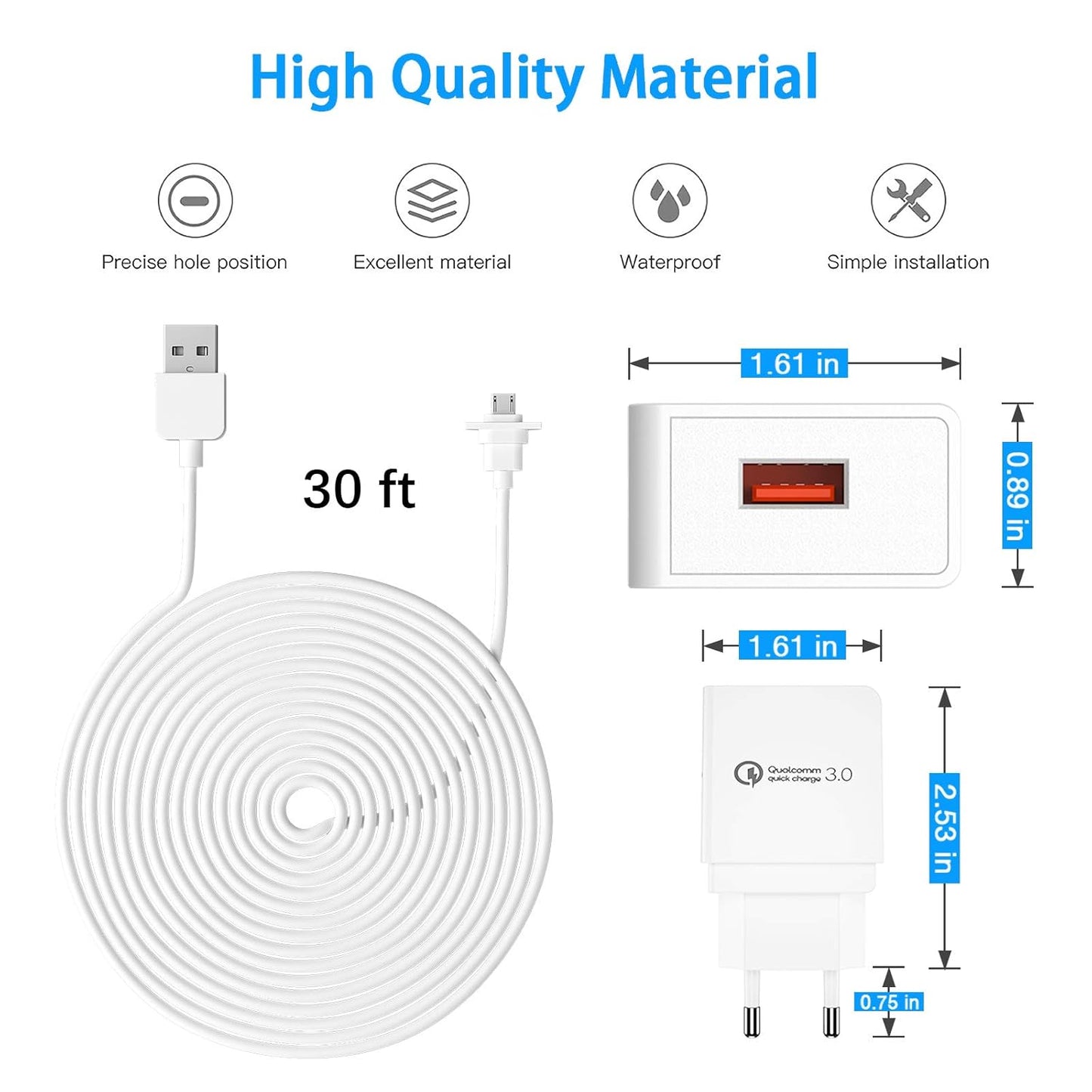 Eufy 2C/2C Pro - Cavo Di Ricarica per Fotocamera Eufy 2C/2C Pro Quick Charge 3.0 Con Cavo Da 9 M, Resistente Alle Intemperie, 2 Pezzi, Colore: Bianco