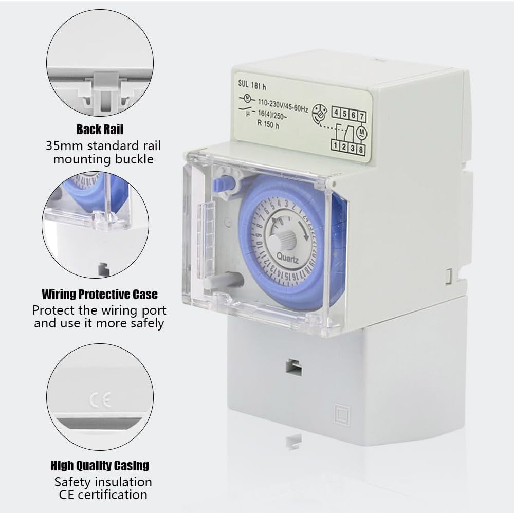 Timer per Luci, Sul181H Timer Meccanico 24 Ore, 110-230V Timer Analogico Meccanico Impermeabile Programmabile Interruttore Orario per Esterno, 48 ON/OFF Al Giorno