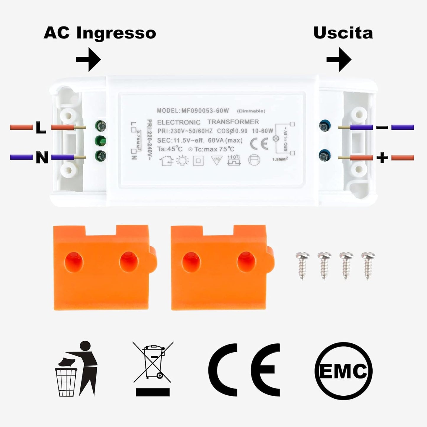Trasformatore Elettronico Da 230V (AC) a 12V (AC) 20-60W,Protezione Da Sovraccarico per Trasformatori Alogeni,Dimmerabile per Lampade Alogene