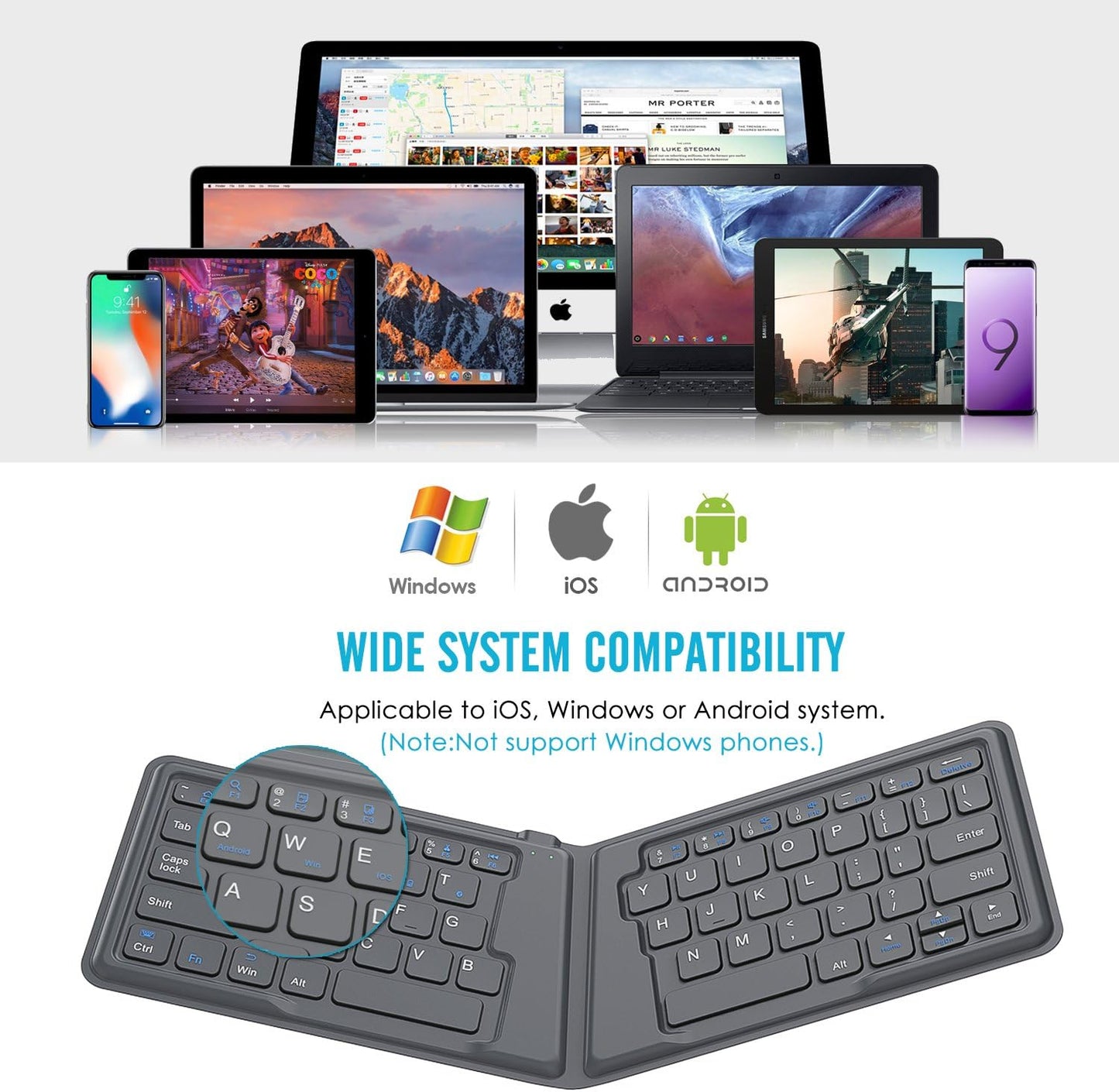 Tastiera Universale Pieghevole, Ultra Sottile Tastiera Wireless Bluetooth Portatile Ricariabile, in Versione Americana/Internazionale, per I Smartphone Ios, Android E Windows, Grigio