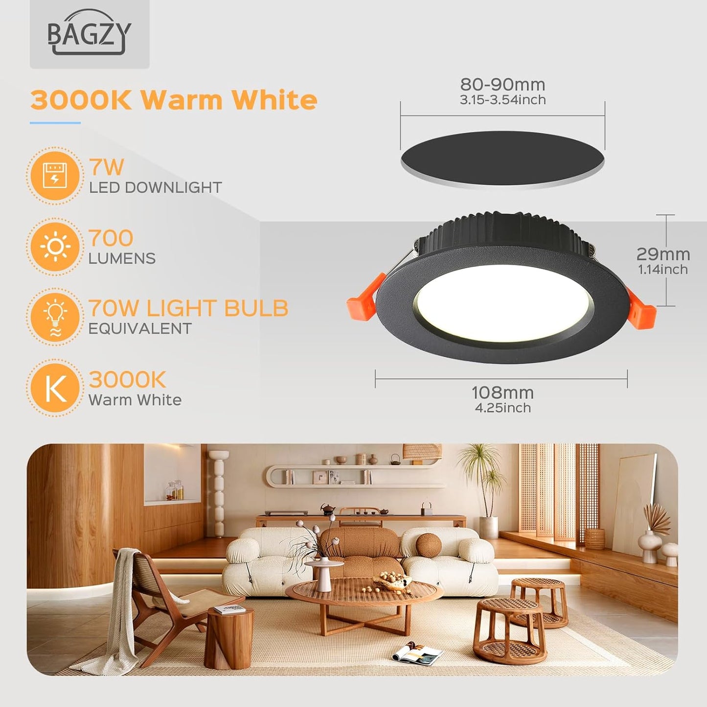 5 Faretti LED Da Incasso per Cartongesso 7W Luci Ultrasottili Da Soffitto E per L’Illuminazione Da Interno Ip44,Bianco Caldo 3000K,700 Lumen,Ac 220-240V,Foro Incasso 80-90Mm(Nero)