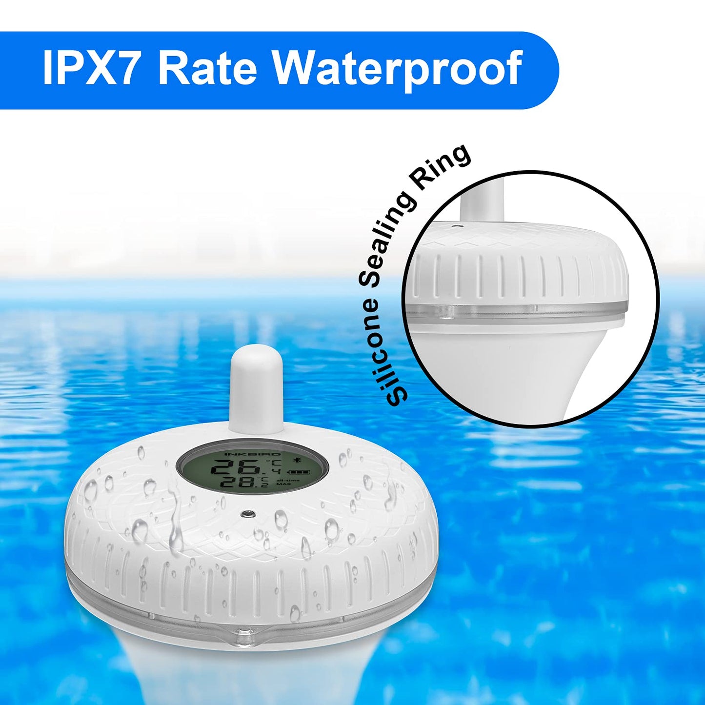 IBS-P02B Termometro per Piscina Digitale Termometro Galleggiante Bluetooth Con Sensore Di Temperatura Anti-Pioggia Con Esportazione Dati, Allarme, Grafica,Supporto per Ios E Android