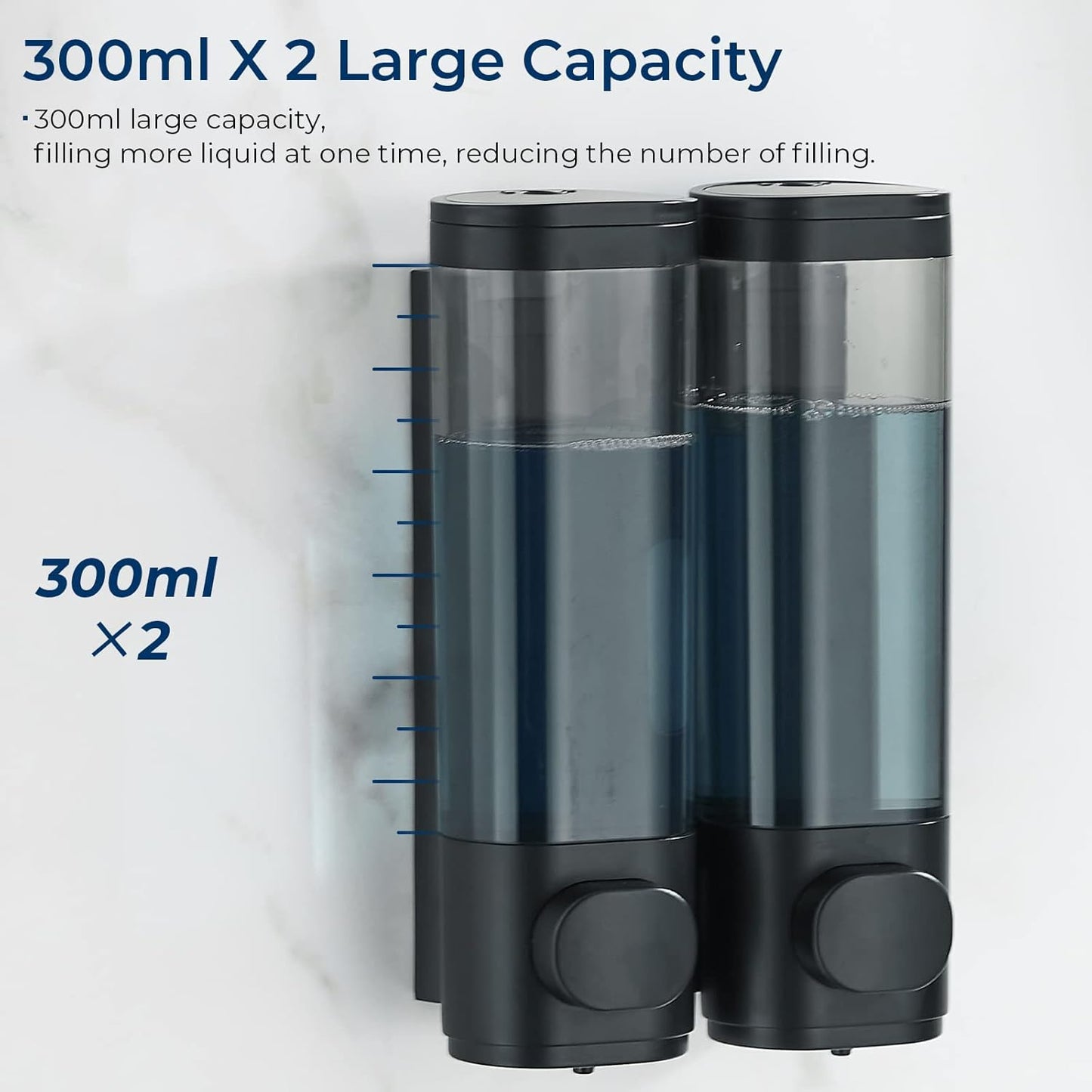Dispenser per Shampoo E Balsamo, Dispenser per Doccia a 2 Camere, Senza Trapano, Dispenser Di Shampoo per Doccia a Parete, per Shampoo, Balsamo, Bagnoschiuma, per Bagno (Nero, 2 Camere)