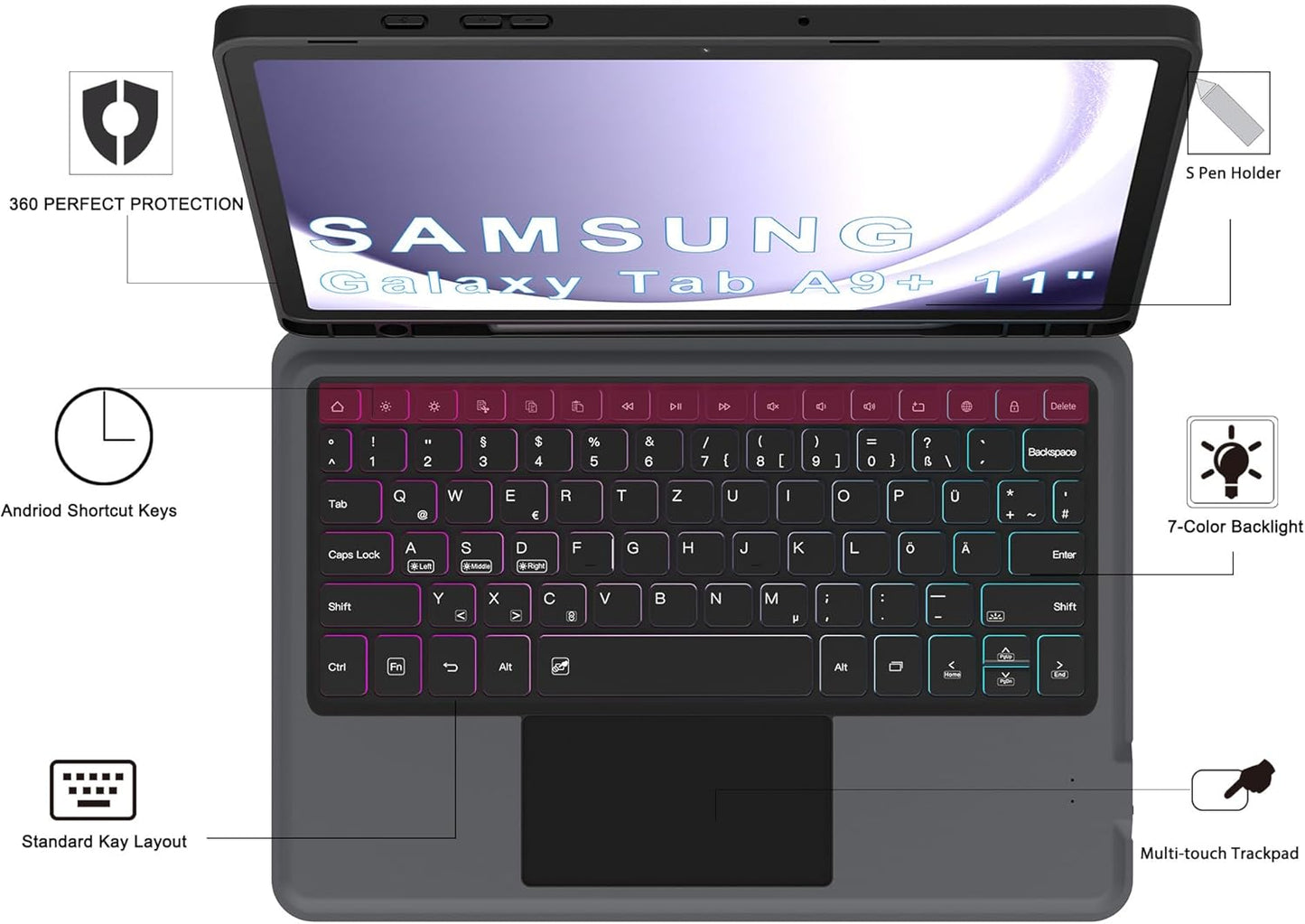 Custodia per Galaxy Tab A9+/A9 plus Da 11", Con Tastiera QWERTZ: Illuminazione a 3 Zone, Tastiera Con Trackpad, Tastiera Con Supporto per Samsung Galaxy Tab A9+ 2023 (SM-X210/X215/X216B)