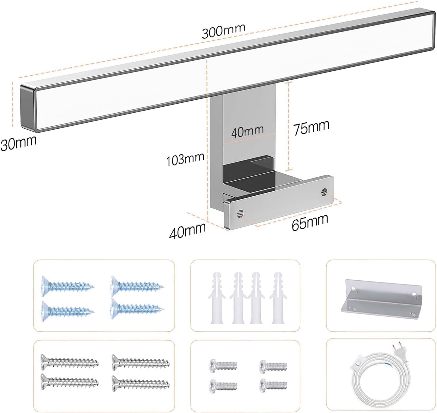 LED Lampada Da Specchio Bagno 30Cm 5W Bianco Freddo 6000K, Lampada Da Bagno Impermeabile IP44,CRI>80 Adatto a Trucco, Luce Specchio Bagno Cablato E Wireless,Lampada per Bagno, Armadio, Parete