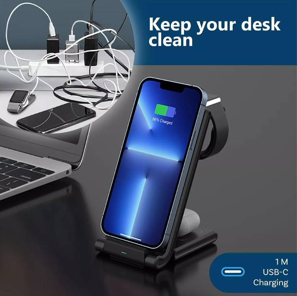 Caricatore Wireless, Ricarica Wireless Pieghevole 3-In-1, Stazione Ricarica per Ricaricare Telefono Cellulari/Smart Watch/Cuffie Che Supporti La Ricarica Wireless