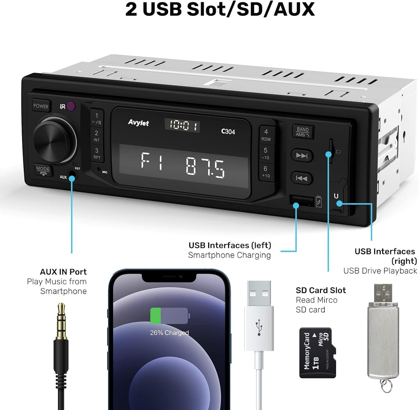 RDS Autoradio Bluetooth Vivavoce, Radio Stereo 1DIN Bluetooth 5.0, 7 Luce Del Pulsante Di Colore, 9-30V, 60WX4 Supporto Fm/Am/Aux/Usb/Sd/Ios/Android/Remote Control, Salva 30 Stazioni
