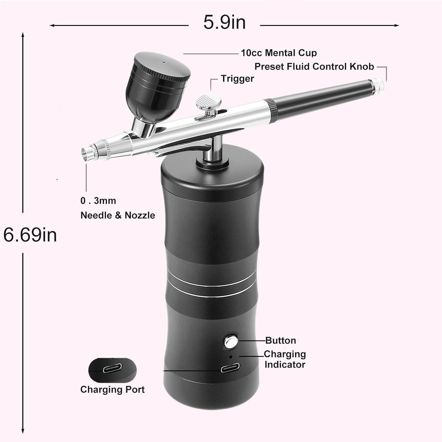 Aerografo Professionale Set, 34PSI Multifunzione Aerografo Con Compressore Con Ugello Da 0,3 Mm per Trucco, Decorazione Torte Tatuaggi Pittura (Black-A02)