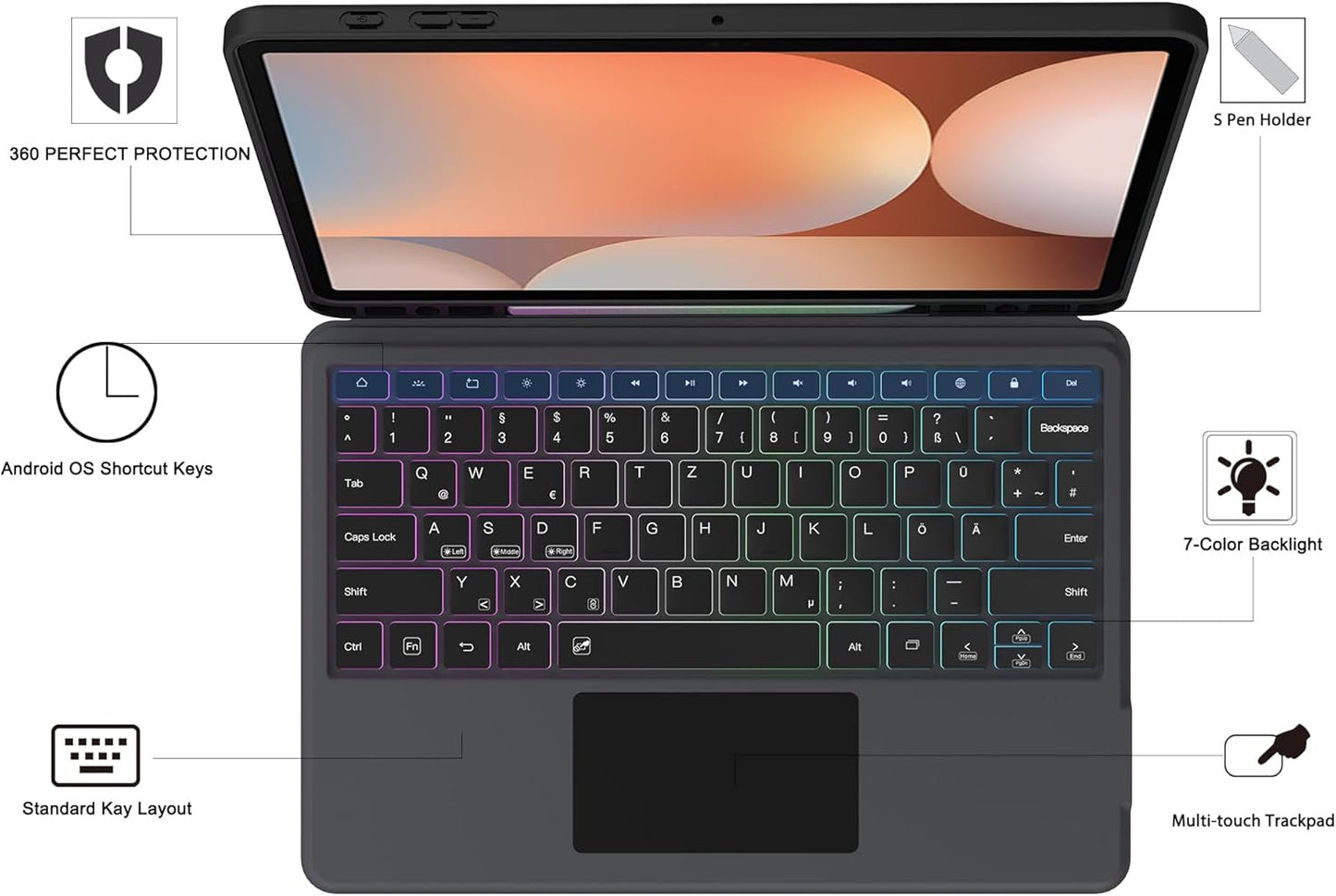Custodia per Galaxy Tab S9 FE+/S9+/S10+ 12,4 Pollici Con Tastiera QWERTZ – Tastiera Rimovibile Con Touchpad & 7 Illuminazione Colorata – Custodia Tastiera per Samsung Galaxy Tab S10+ Plus/S9 FE