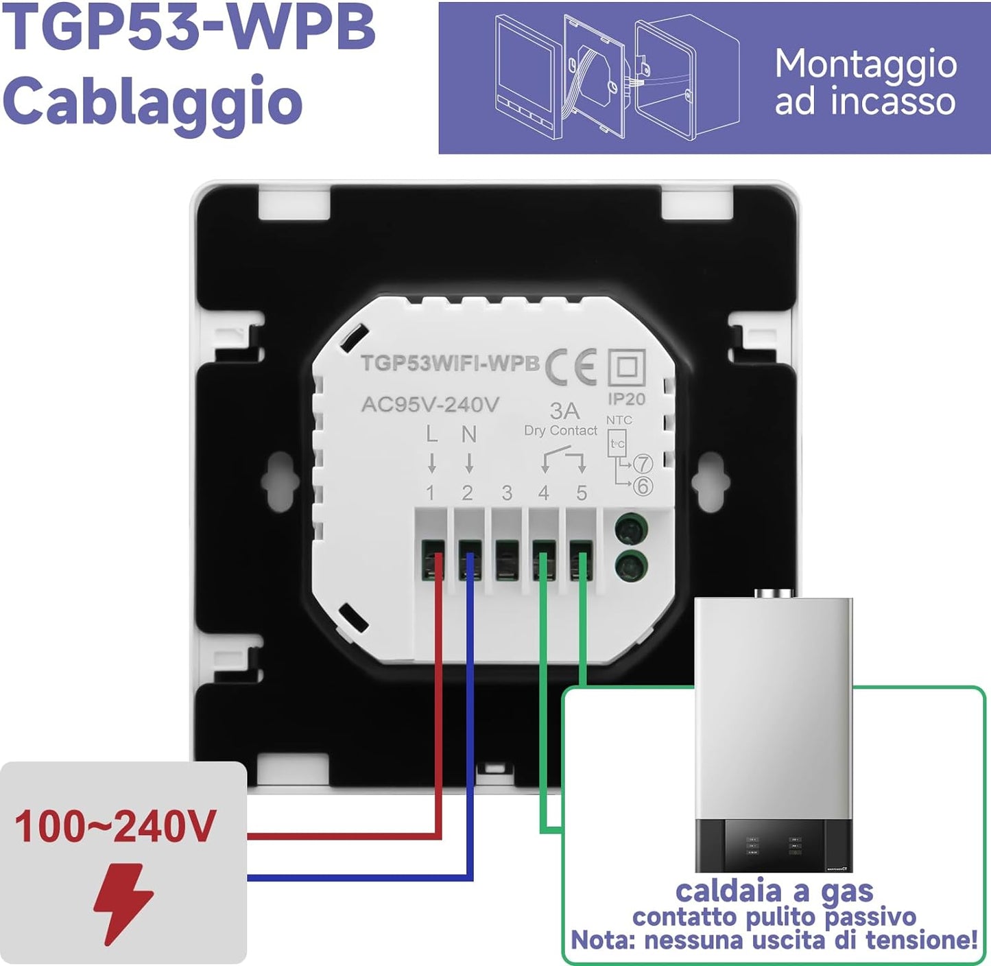 Beok Tuya Termostato Intelligente Riscaldamento Ambiente Wifi Da Parete per Caldaia a Gas/Acqua Compatibile Alexa 3A TGP53WIFI