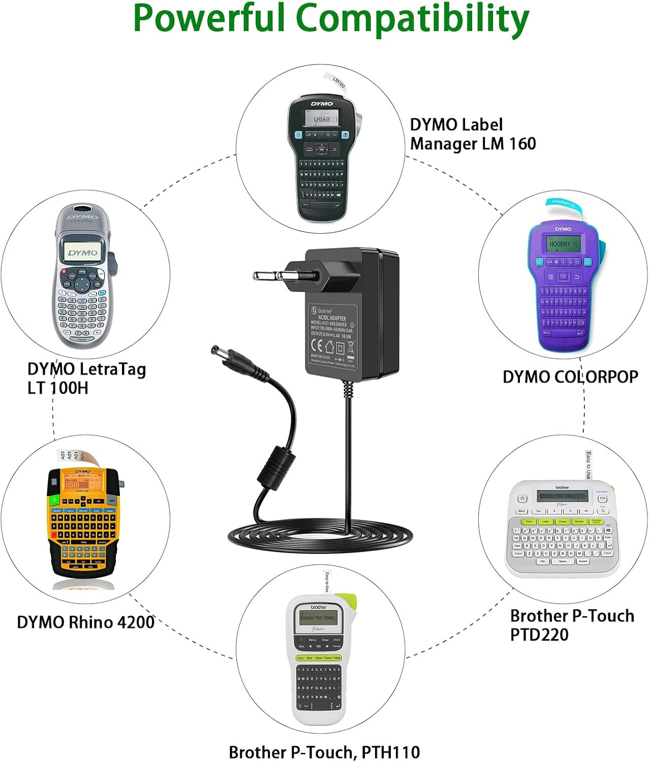 Gonine Adattatore Di Alimentazione 9V 2A per Dymo Labelmanager LM 160 LM 220P LM 210D LM 500TS Rhino 6000 5200 4200 Letratag LT 100H plus 100T Plus