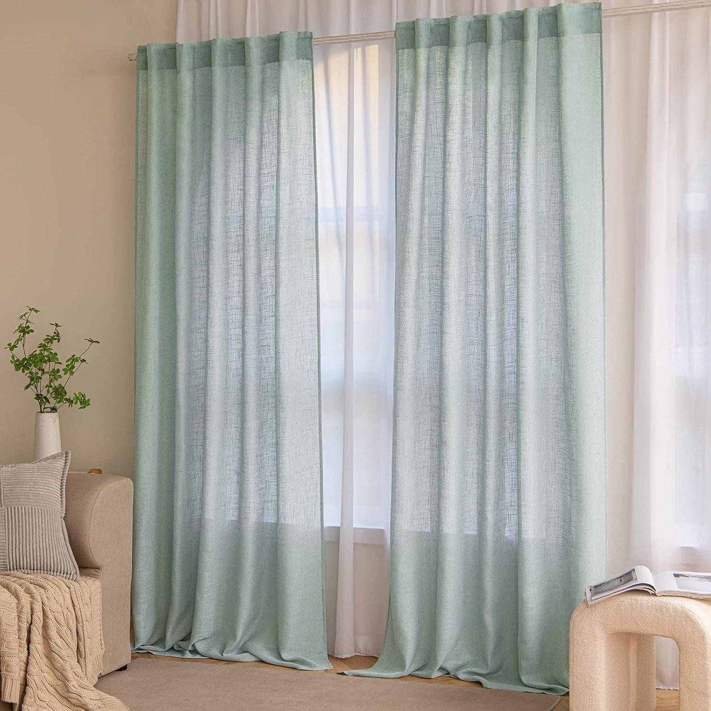 Lino Tende Finestre Tenda a Pannello Traslucido Tende Moderne a Vela Trasparente per Porte Balcone Adatte per Soggiorno Camera Da Letto 2 Pezzo Set Turchese 140X225 Cm