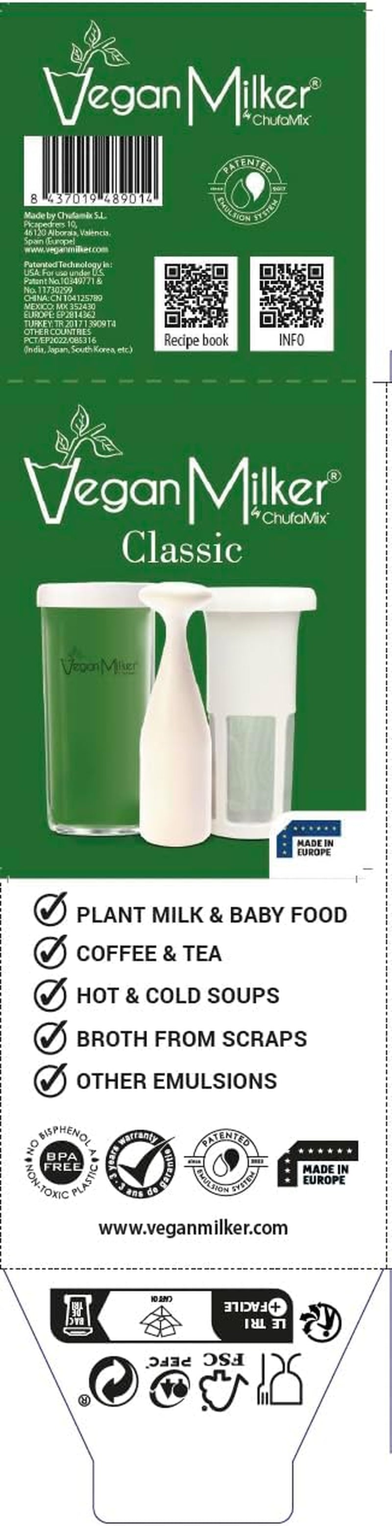 CLASSIC, Filtro Multifunzionale - Latte Vegetale Fatto in Casa, Tofu Burmese, Etc. Emulsione Massima. 1 Litro in 1 Minuto. Ricette in Ebook. Prodotto in Spagna.