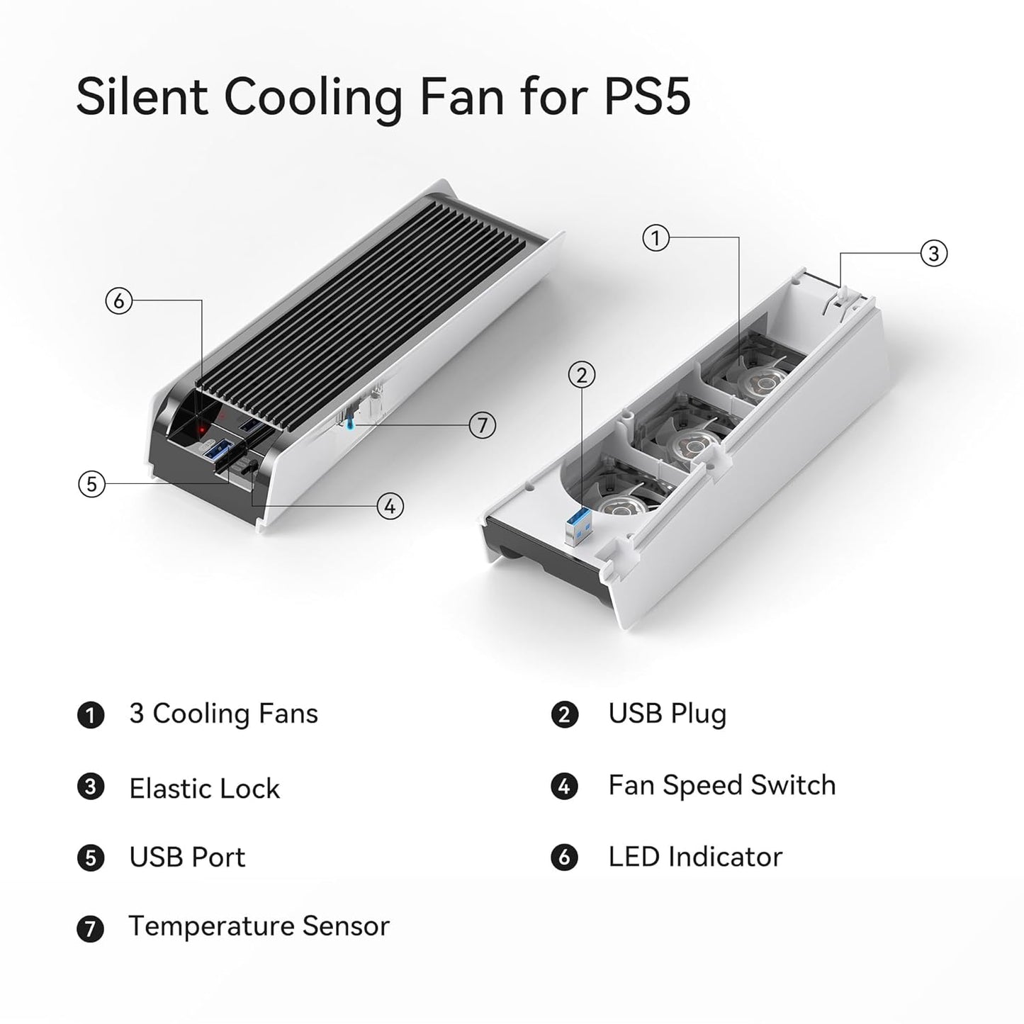 Accessori Di Raffreddamento per PS5, Ventola Di Raffreddamento PS5 Con LED, Controllo Automatico Della Velocità E Hub USB 3.0 per Dischi PS5 Ed Edizione Digitale, Non per PS5 Slim (Bianco)