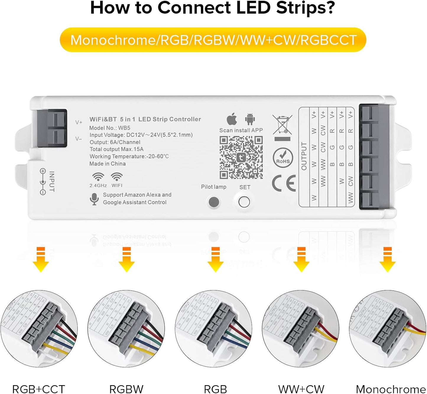 WB5 Controller LED Wifi Bluetooth 5 in 1 Sincronizzazione Automatica, Compatibile Con Alexa/Google Home/Tuya Smart Life APP Controllo per Strisce LED Monocromatiche RGB RGBCCT RGBW DC12-24V