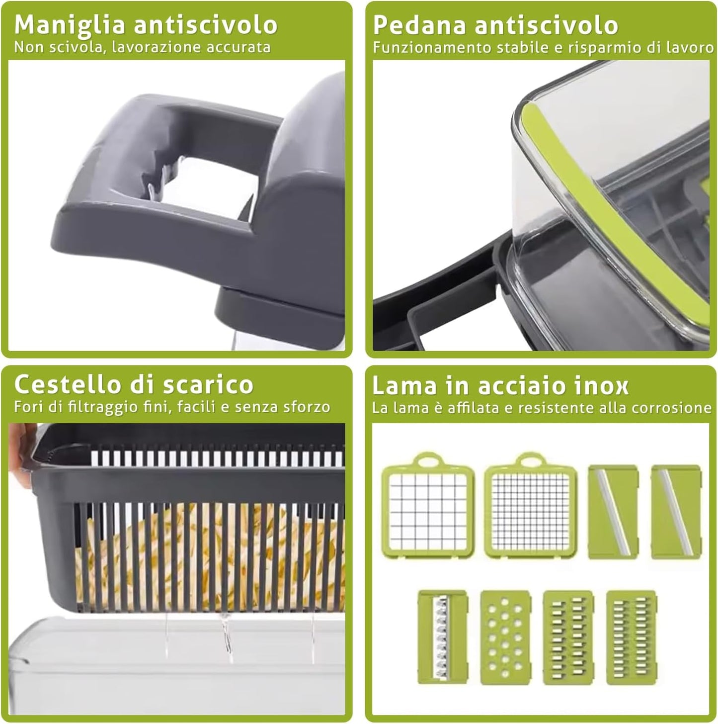 Mandolina 16 in 1 - Tagliaverdure Multiuso Con Lame Intercambiabili, Grattugia, Affettatrice, Tritatutto E Accessori Di Sicurezza, Ideale per Frutta, Verdura, Insalate E Altro
