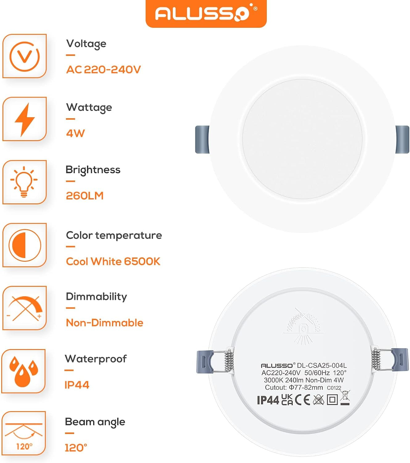 Faretti LED Da Incasso per Cartongesso, 4W 230V Bianco Freddo 6500K IP44 Ultrasottili 25Mm Rotondi Bianco Luci Da Incasso per Bagno Cucina, Diametro 98Mm, Diametro Foro 75-90Mm, Set Di 6