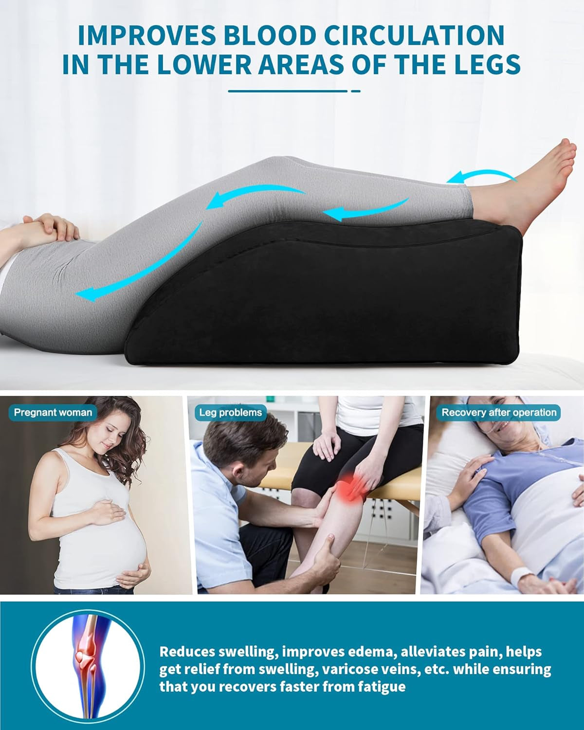 Cuscino per Gambe, Cuscini per Gambe Comfort per Dormire, Migliora La Circolazione E Riduce Il Gonfiore, Adatto per Migliorare La Qualità Del Sonno, Gravidanza, Chirurgia E Infortuni, Recupero(Nero)