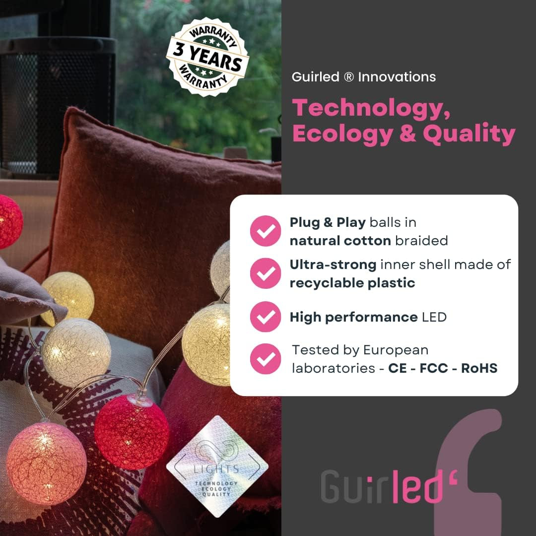 Ghirlanda Luminosa Con Sfere Di Cotone LED USB, Telecomando Senza Fili, Luce Notturna per Bambini, 2 Ore, Adattatore Di Rete 2 A, 4 Intensità – 16 Sfere Da 1,6 M – Radiance