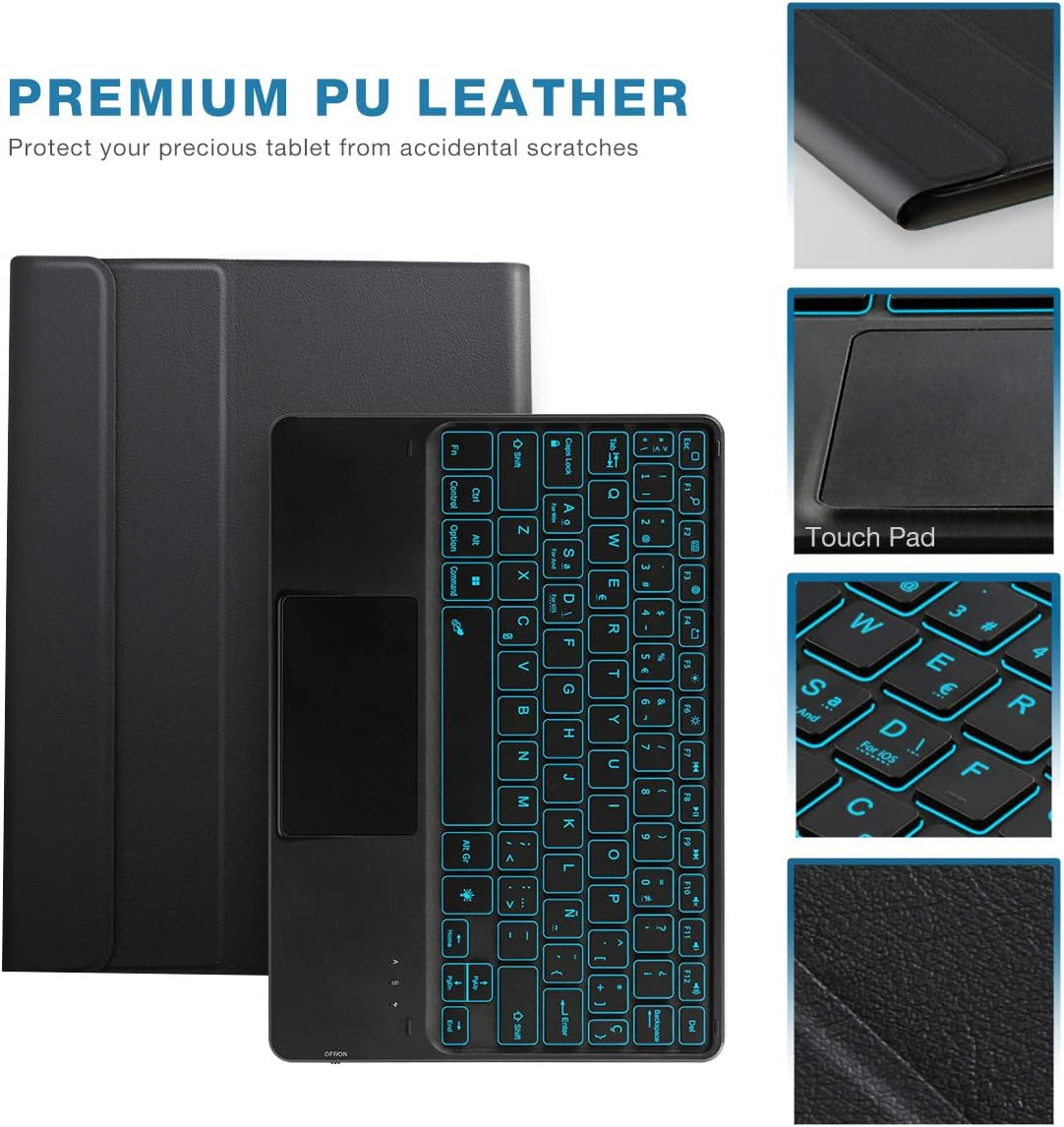 Custodia Con Tastiera Bluetooth Wireless 3.0 QWERTY Spagnolo Con Touchpad - PU Protettiva per 9.0"-10.6" Qualsiasi Ios/Windows/Android Tablet Retroilluminato