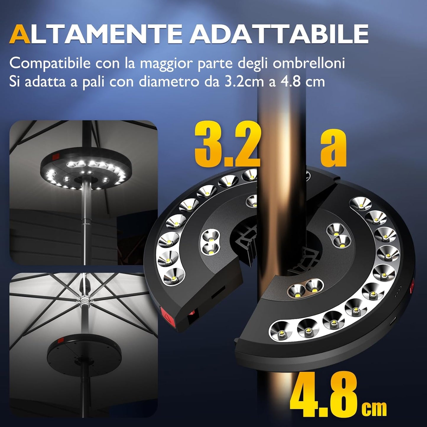 Luce per Ombrellone, Luci Ombrellone Esterno Lampada Da Giardino Con USB Ricaricabile 3 Modalità Di Illuminazione per Giardino Esterno Terrazzo Piscina