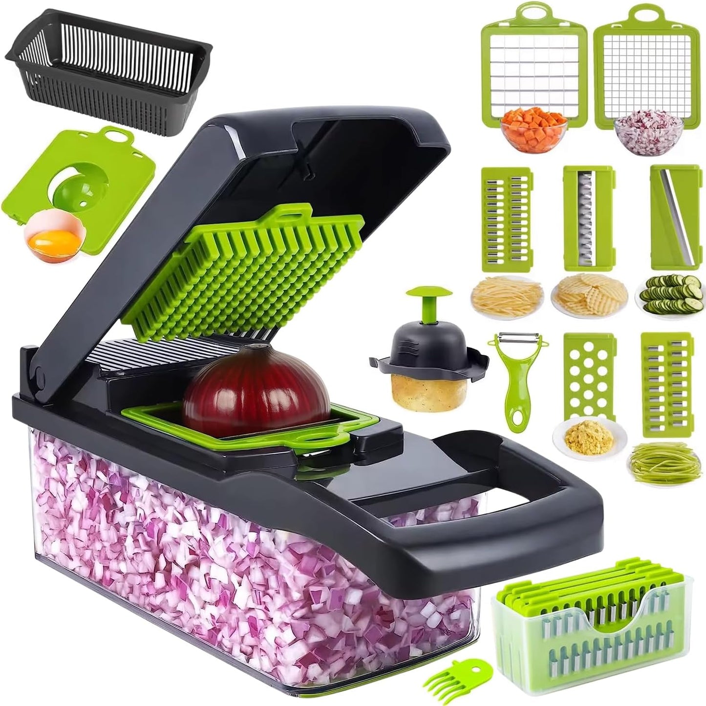 Mandolina 16 in 1 - Tagliaverdure Multiuso Con Lame Intercambiabili, Grattugia, Affettatrice, Tritatutto E Accessori Di Sicurezza, Ideale per Frutta, Verdura, Insalate E Altro