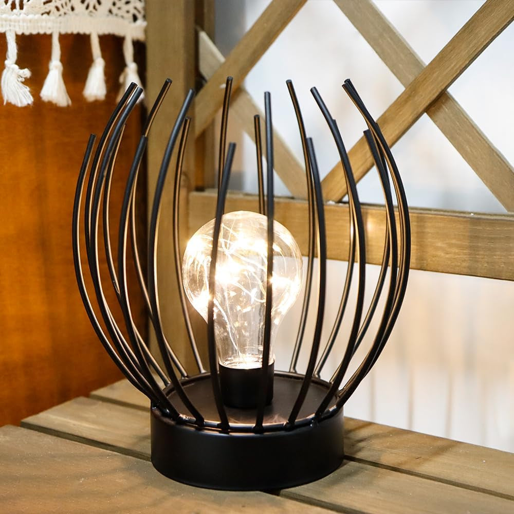 Lampada Da Tavolo in Metallo Decorazione Lampada Senza Fili Lampade Comodino Camera Da Letto a Batteria Caricata Con Lampadina Sferico per Matrimoni Feste Patio Eventi All'Aperto(Nera)
