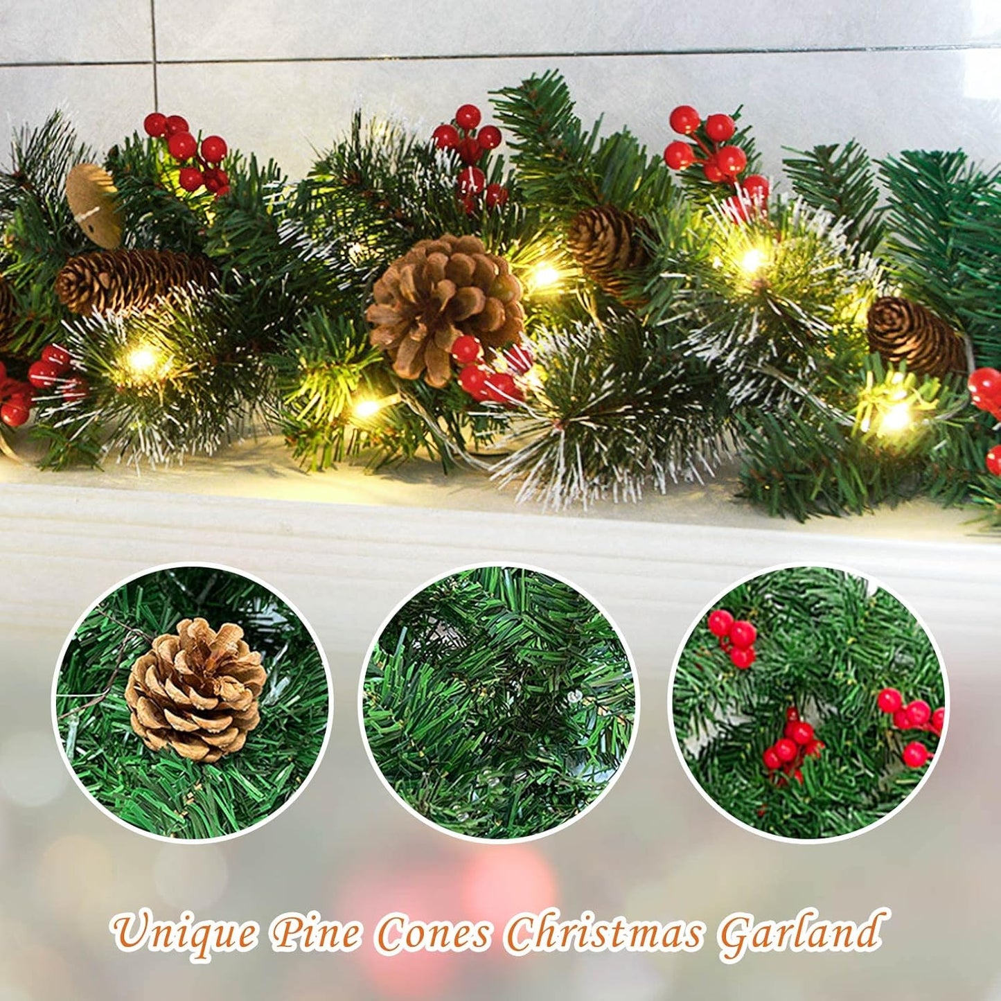 Ghirlanda Natalizia Con Luci 270CM Ghirlanda Natalizia Scale Lunga Luce a Led,Ghirlande Artificiali Natale per Camino Scale Porte Albero Decorazione per Feste Di Natale