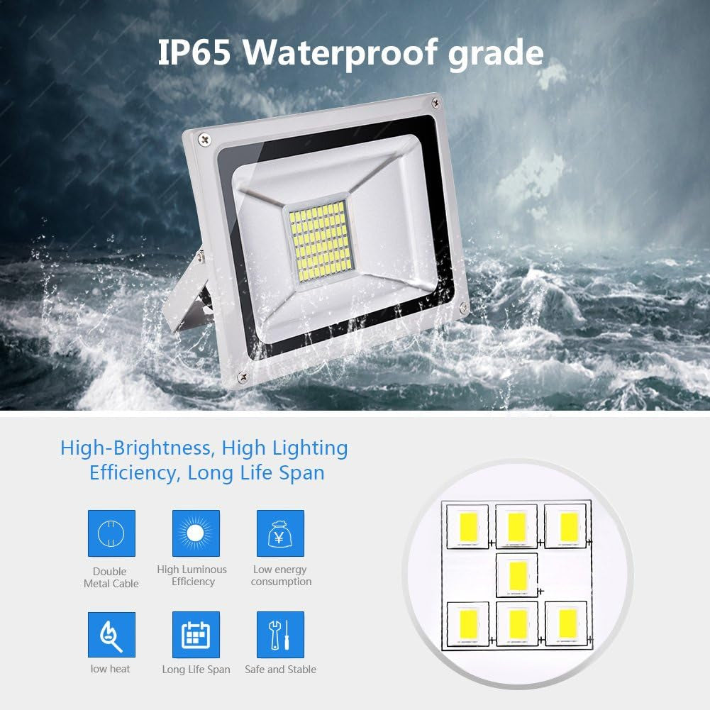 Faretto LED Da 12 V, 30 W, Super Luminoso, 2400 Lm, per Esterni, 6000 K, Bianco Freddo, IP65, Impermeabile, per Giardino, Cortile, Terrazza, Quadrato, Fabbrica