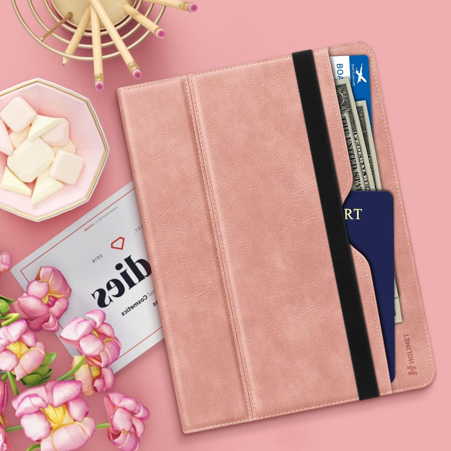 HOLIMET Custodia per Ipad Pro 12.9 Pollici 2021/2020/2018 (5°/4°/3° Generazione) Con Portapenne, in Pelle PU, Antiurto, Con Custodia E Funzione Auto Wake/Sleep, Supporto Multi-Angolo (Rosa)