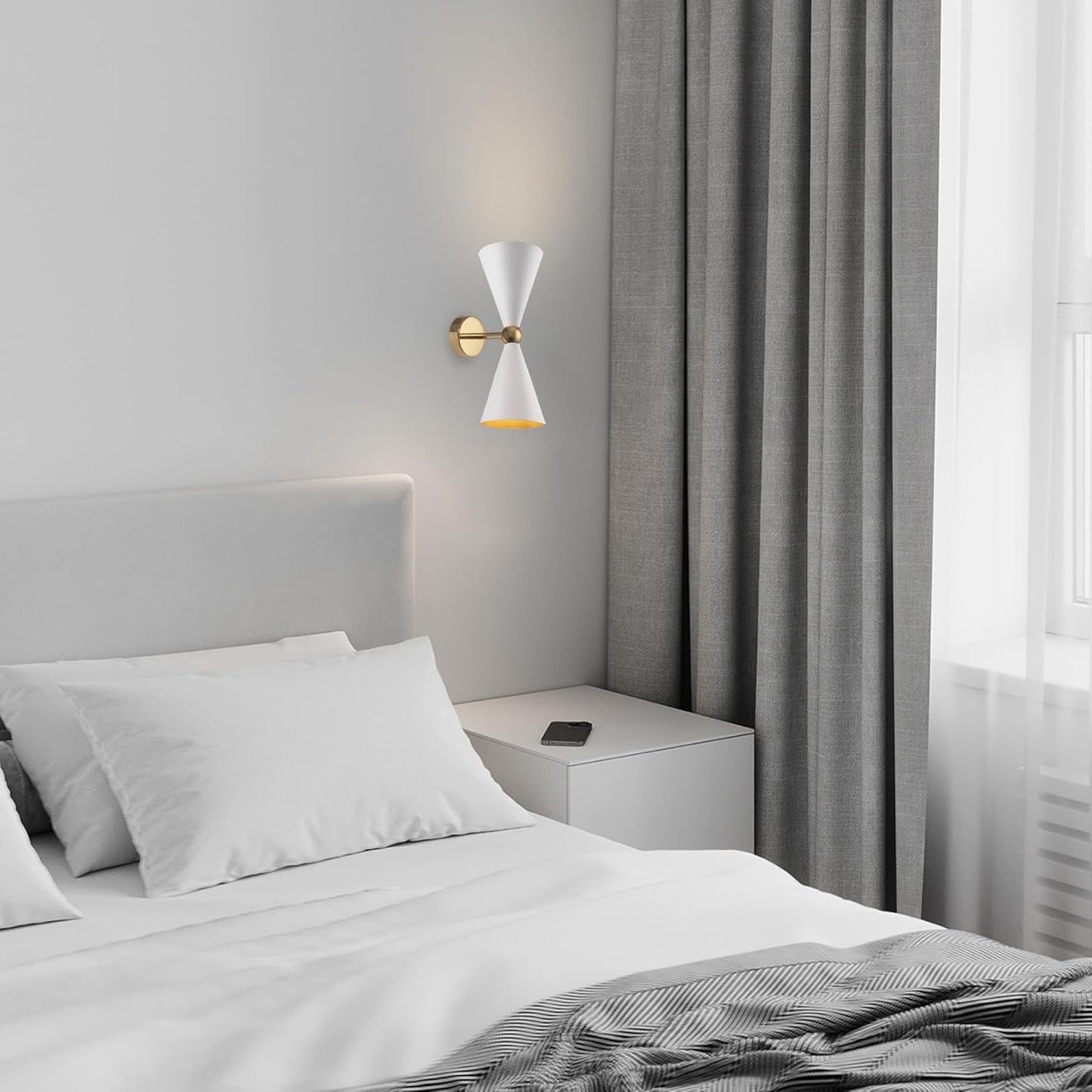 Moderna Applique Lampada Da Parete Bidirezionale a 2 Luci, Bianco E Oro, Paralumi Orientabili, per 2 Lampadine E14 40W Non Incl. per Sala, Camera Da Letto, Soggiorno, Cucina