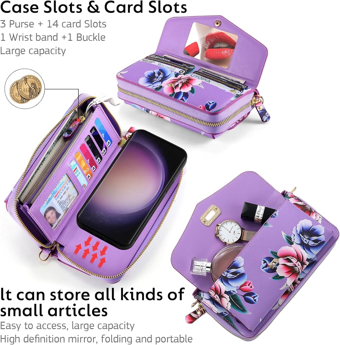 Custodia a Portafoglio per Galaxy S23 Ultra, in Pelle PU Di Alta Qualità, Slot per Schede, Chiusura Magnetica, Custodia Protettiva RFID per Samsung Galaxy S23 Ultra Da 6,8 Pollici, Viola