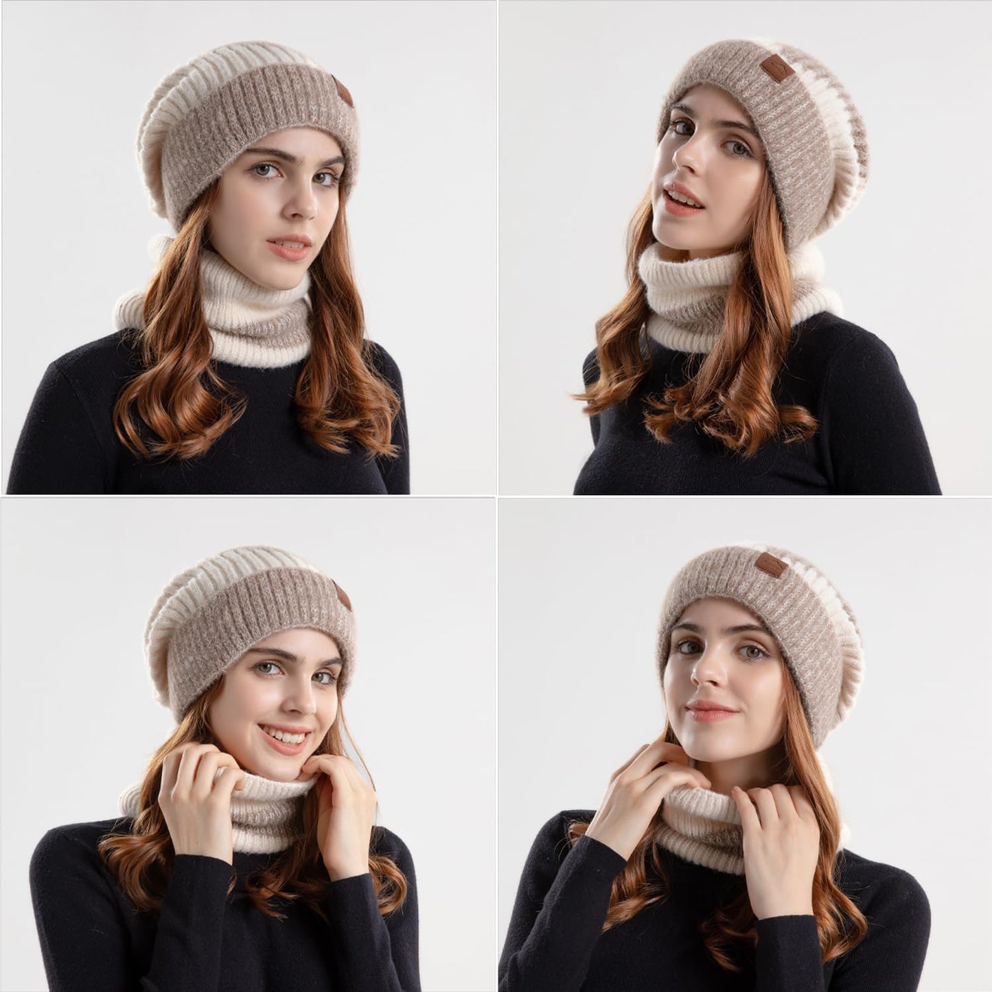2 En 1 Cappello Donna Invernale Autunno Berretto E Sciarpa Elastico Beanie Scaldacollo in Maglia Berretti Cappelli Da Bici Sci All'Aperto Con Foderato in Pile