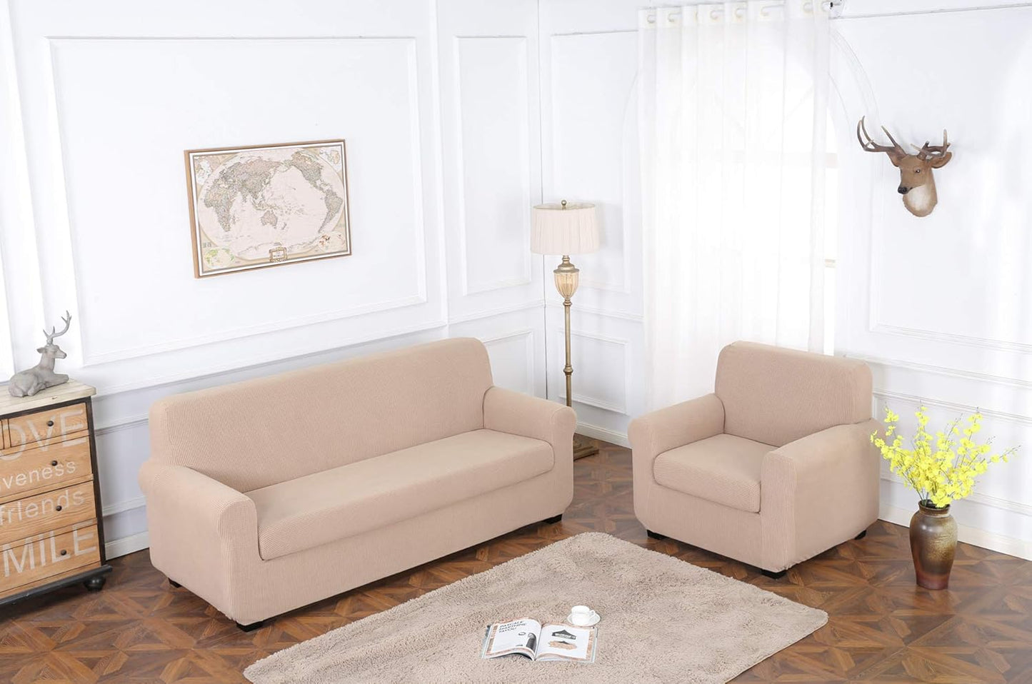 Fodera per Poltrona, Copri Poltrona 2 Posti Elasticizzato Jacquard Antiscivolo Copertura Poltrona Fodere Copridivani Contiene 1 Copridivano E 1 Coprisedile Divano (2 Posti, Sabbia)