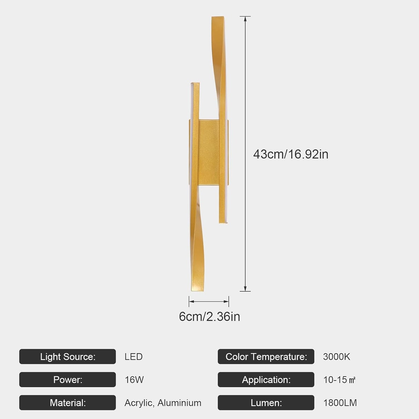 Applique Da Parete Interno, 16W 1800Lm Lampada Da Parete LED Moderno, Creativo Lampada a Muro Luce in Acrilico per Soggiorno, Camera Da Letto, Scala, Corridoi, Bianco Caldo 3000K, Oro