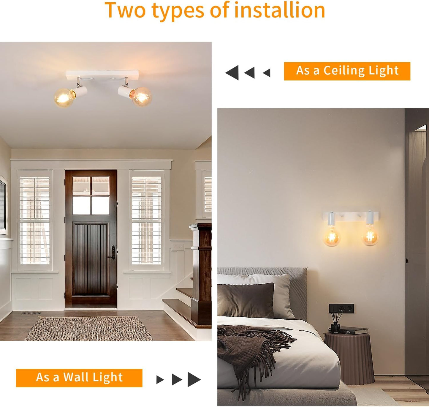 Faretti LED Da Soffitto Orientabili, Nero Lampada Da Soffitto E27, Plafoniera LED Interno E27 Con 2 Faretti per Salotto, Corridoi, Ingressi O Scale, Max 60W
