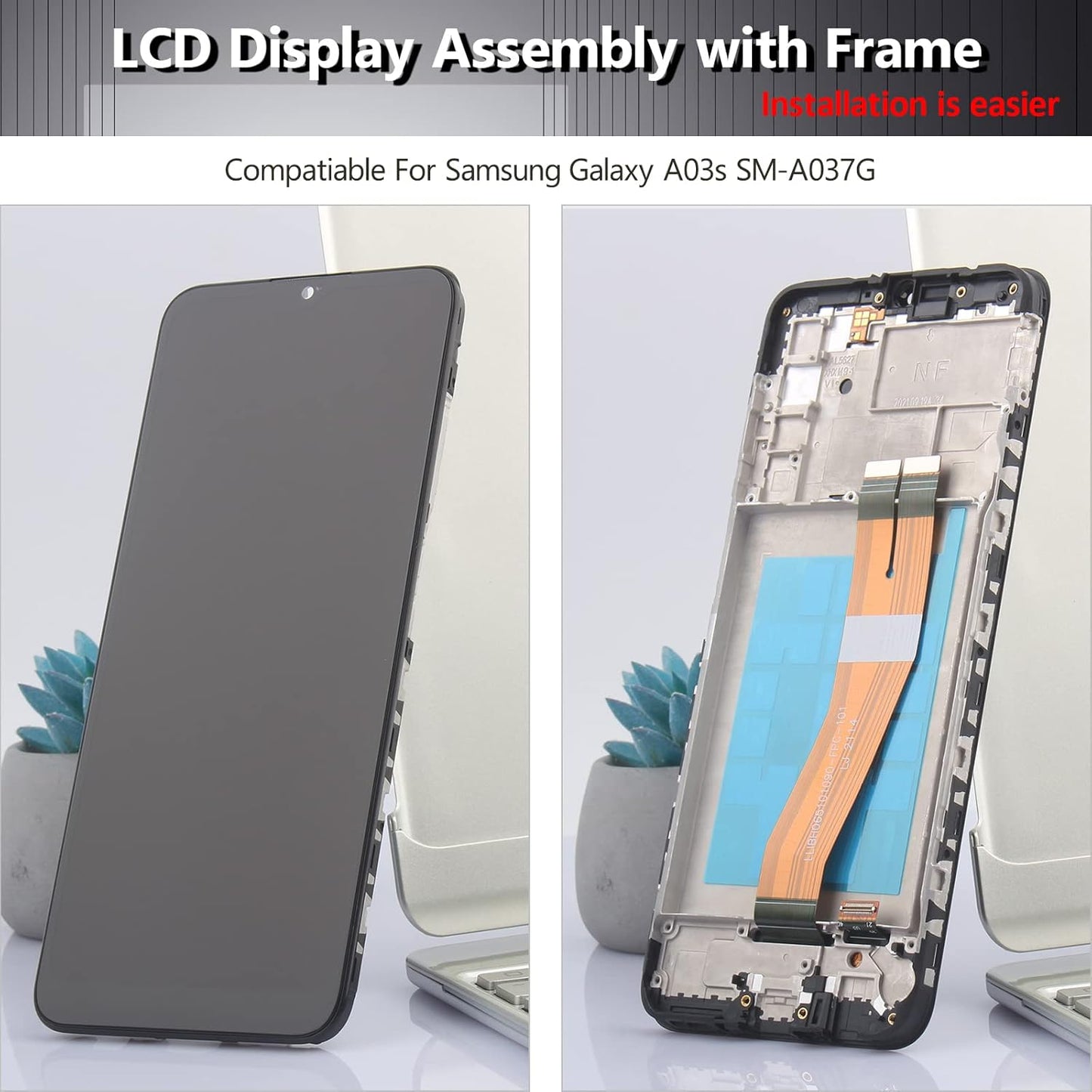 Nero+Telaio Schermo per Samsung Galaxy A03S SM-A037G LCD Display Touch Screen Digitizer Ricambio Assembly Con Utensili Inclusi E per Galaxy A03S SM-A037G Vetro Temperato