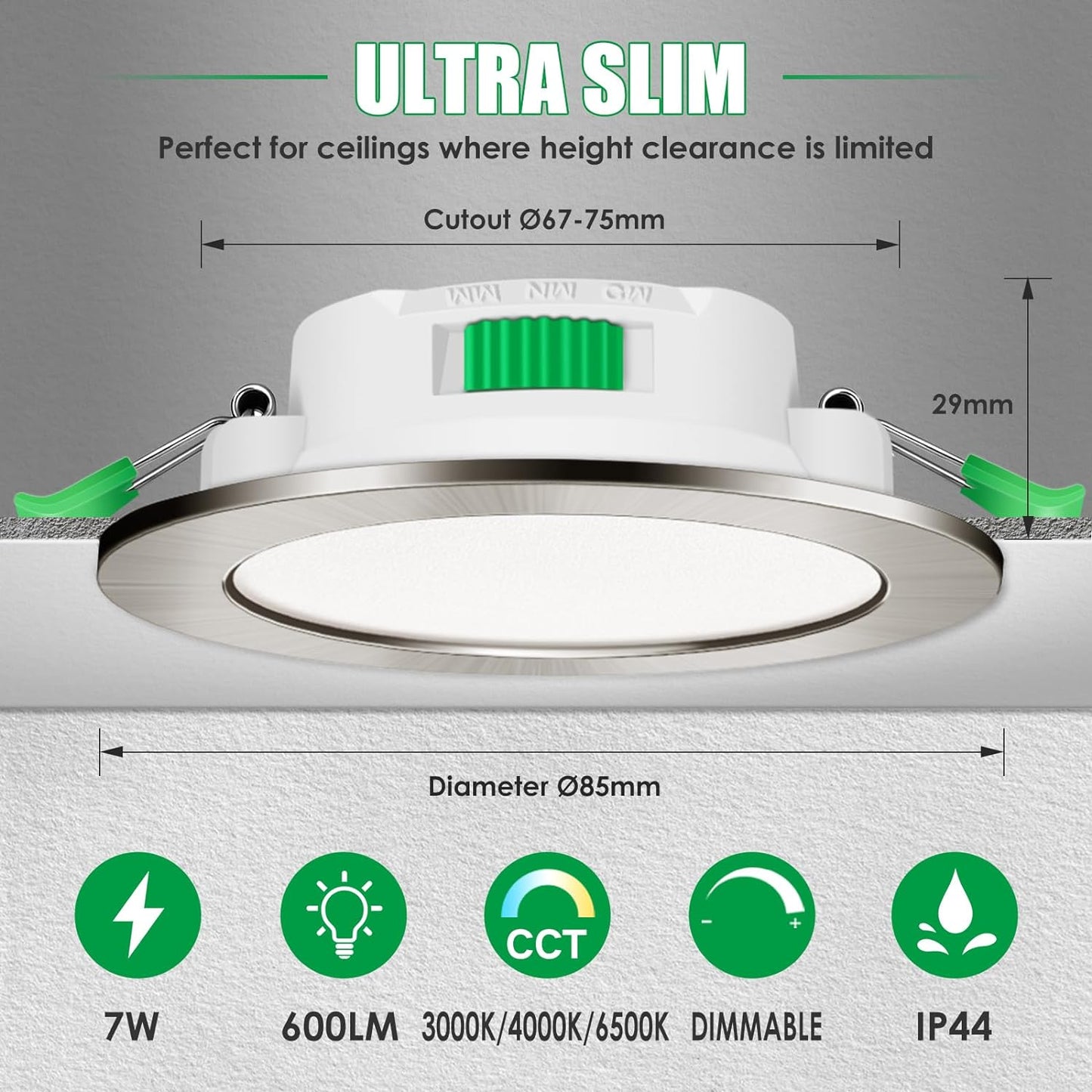 Faretti LED Da Incasso per Cartongesso Dimmerabili, Ultrasottili 7W IP44 3000K 4000K 6500K Faretti LED Soffitto, AC 220-240V, Diametro Foro Ø67-75Mm, Rotondo Nichel Spazzolato, Set Di 6