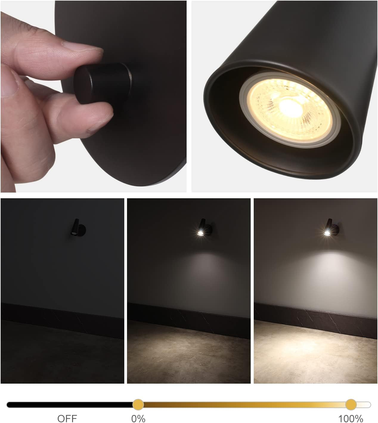 Lampada Da Parete GU10 5W 3000K Bianco Caldo Illuminazione Da Parete Interni Con Interruttore Dimmer Faretto Muro Luce Orientabile per Camera Da Letto Lettura Cucina, Alluminio, Bianco