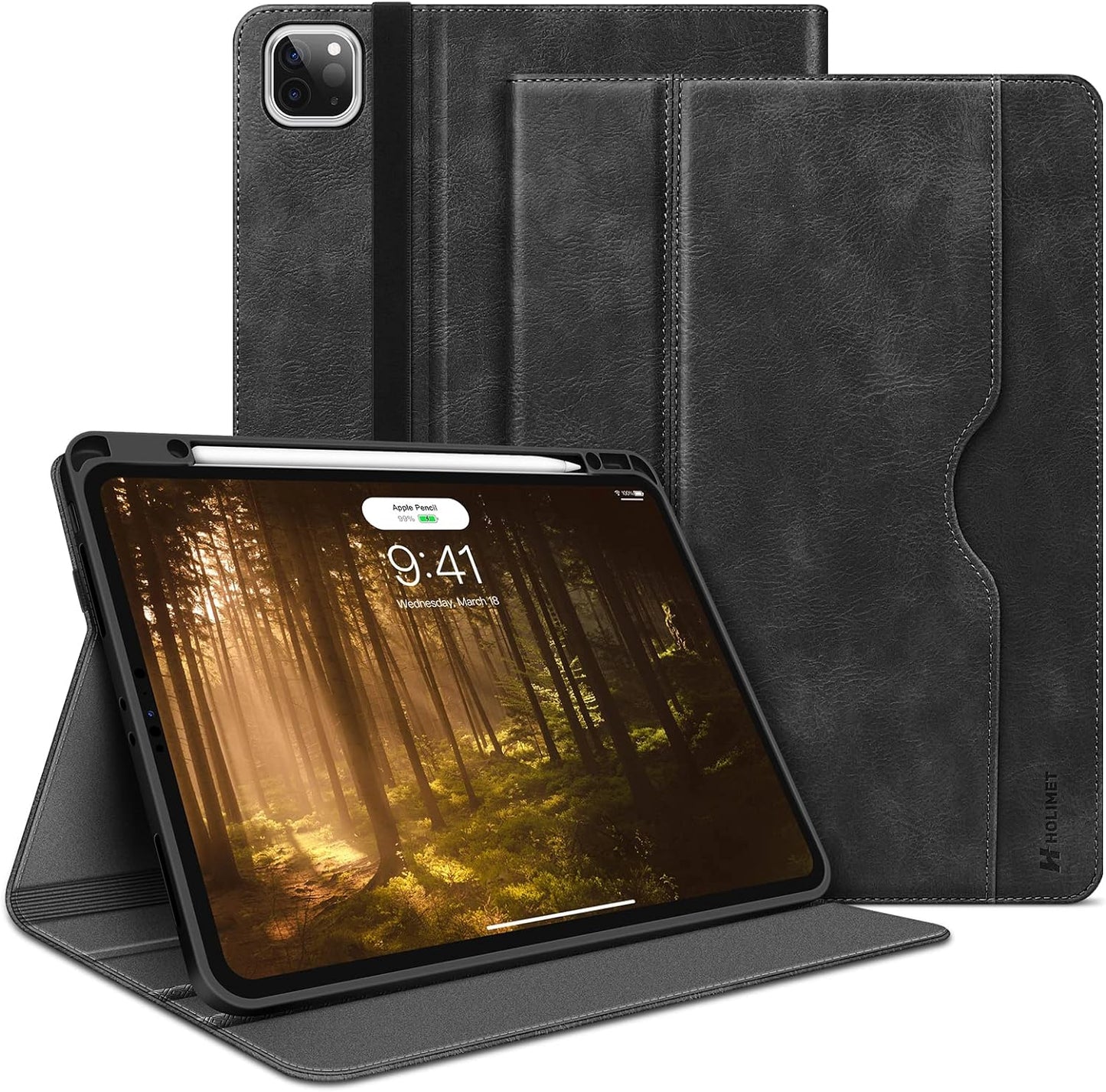 HOLIMET Custodia per Ipad Pro 12.9 2022 6 Generazione, 2022/2021/2020/2018 (6A/5A/4A/3A Gen) Smart Cover Con Pencil Holder per Pencil 2, Auto Svegliati/Sonno Case per Ipad Pro 12.9 Pollici (Nero)